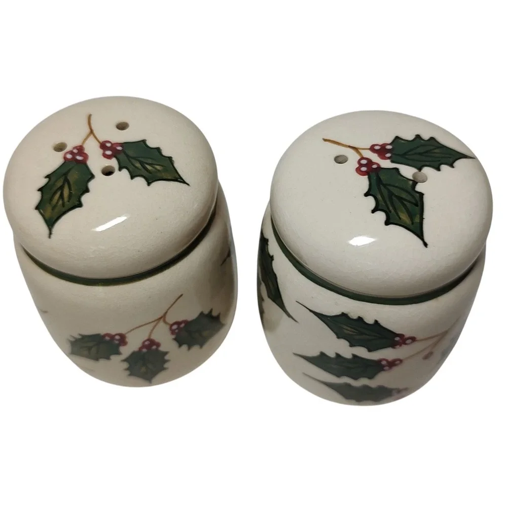 Vintage Ceramic Christmas Holly Salt and Pepper Shakers Red Green Holiday Season